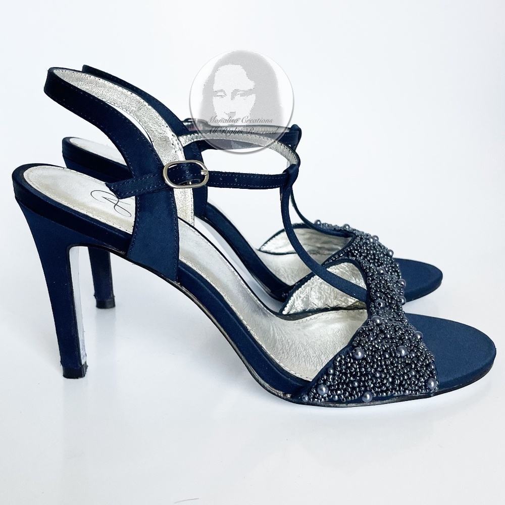 Adrianna Papell Alia Sandal T-Strap Beaded Satin Formal Evening Heels Size 8.5M - Picture 6 of 13